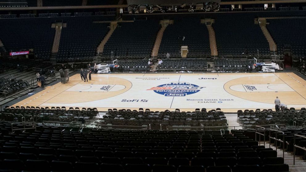 PHOTO: Madison Square Garden is shown after NCAA college basketball games in the men's Big East Conference tournament were cancelled due to concerns about the coronavirus, March 12, 2020, in New York.
