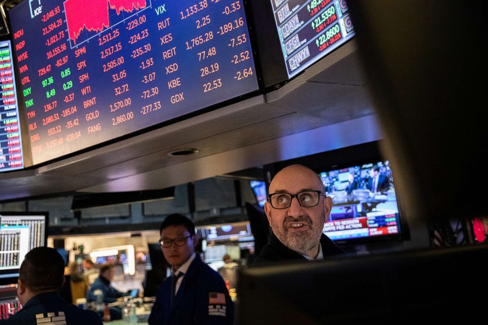 PHOTO: Traders work on the floor of the New York Stock Exchange on March 12, 2020, in New York.