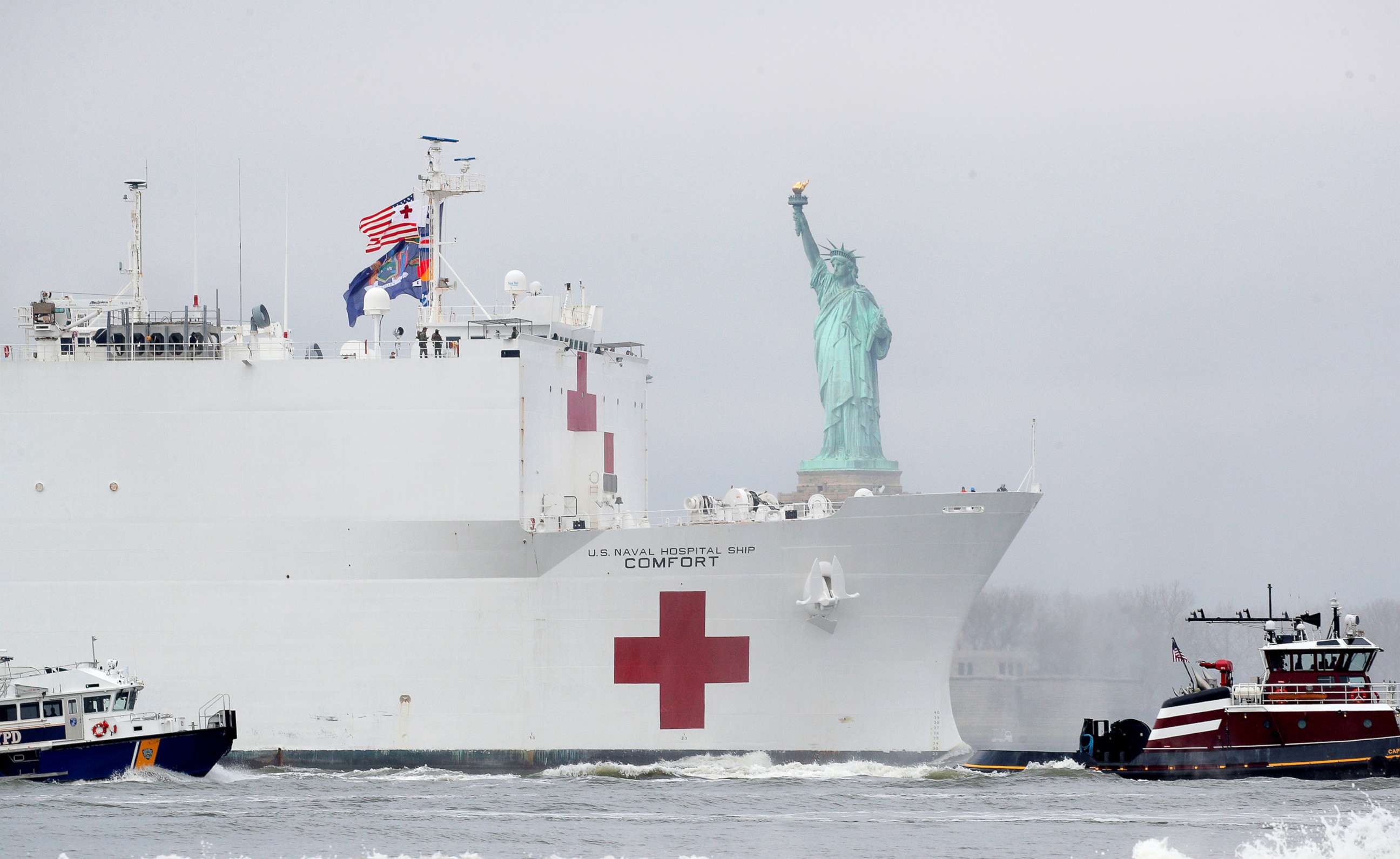 PHOTO: The USNS Comfort passes the Statue of Liberty as it enters New York Harbor during the outbreak of the coronavirus disease in New York, March 30, 2020. 