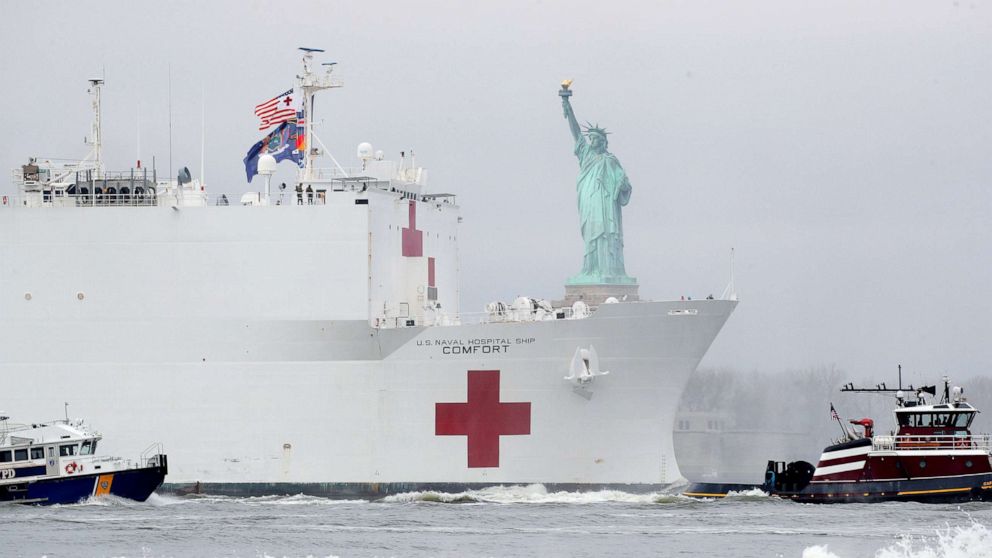 PHOTO: The USNS Comfort passes the Statue of Liberty as it enters New York Harbor during the outbreak of the coronavirus disease in New York, March 30, 2020. 