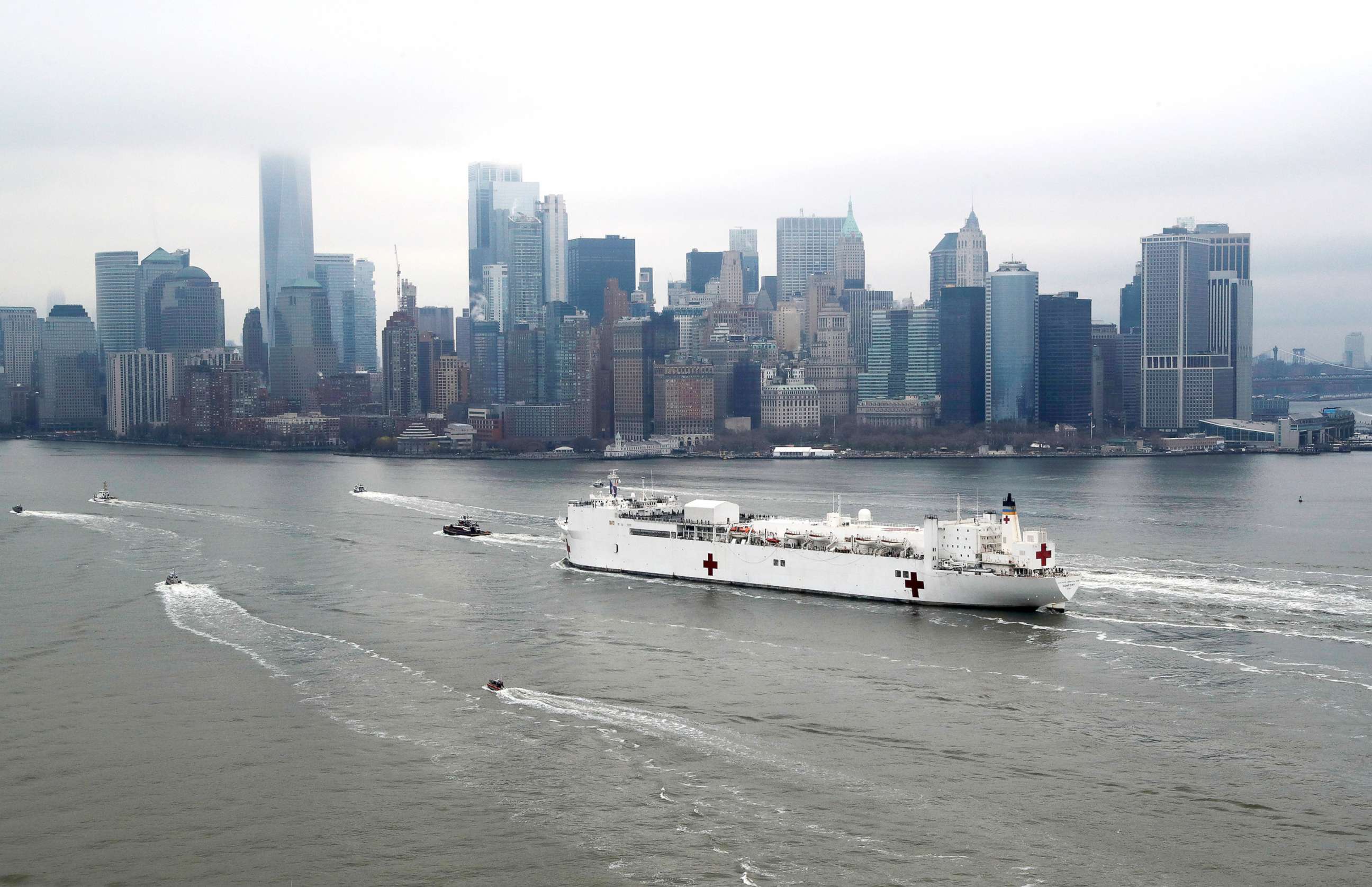 PHOTO: The USNS Comfort passes lower Manhattan as it enters New York Harbor during the outbreak of the coronavirus n New York, March 30, 2020. 