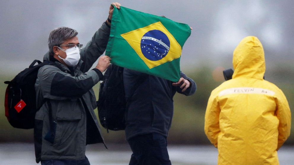 PHOTO: Brazilian citizens from China's coronavirus-struck Wuhan, arrive at the Air Force base of Anapolis, State of Goias, Brazil, Feb. 9, 2020.