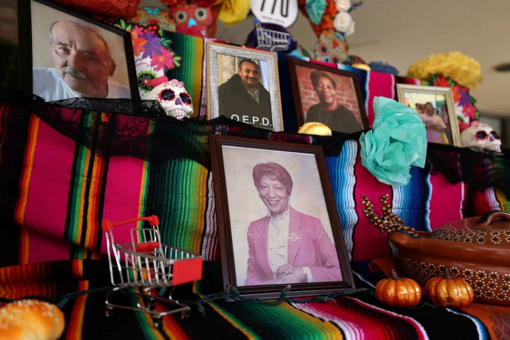PHOTO: A Dia de los Muertos altar honoring UFCW Local 770 grocery, drug store, and food processing essential union workers who have died from the coronavirus disease sits on display in Los Angeles, Oct. 26, 2020.