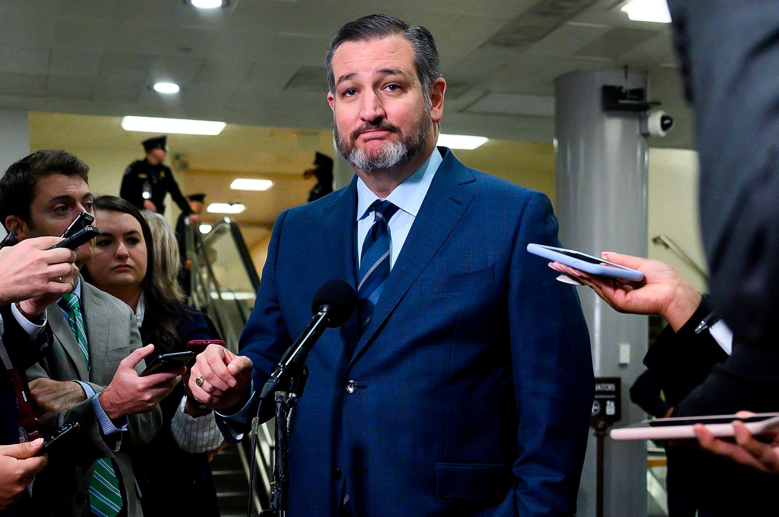 PHOTO: In this file photo taken on January 23, 2020 US Senator Ted Cruz (R-TX) speaks during a press conference during a break in the Senate impeachment trial of US President Donald Trump at the US Capitol in Washington, DC. 