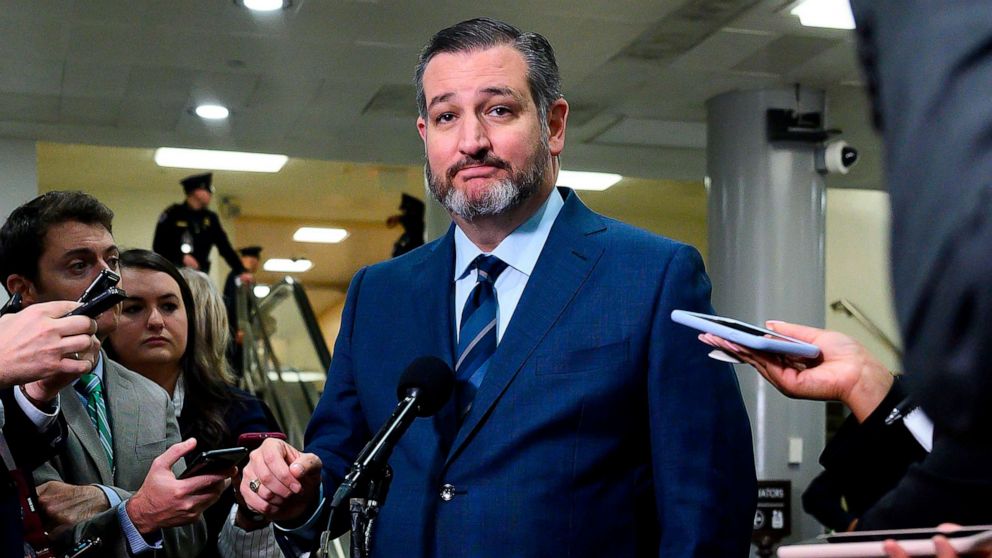 PHOTO: In this file photo taken on January 23, 2020 US Senator Ted Cruz (R-TX) speaks during a press conference during a break in the Senate impeachment trial of US President Donald Trump at the US Capitol in Washington, DC. 