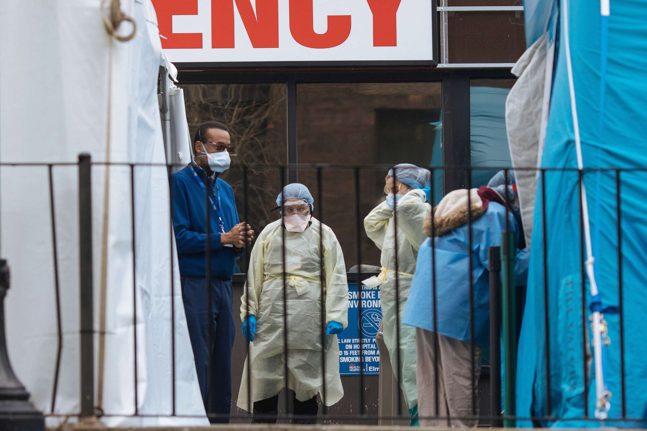 PHOTO: Medical staff outside the coronavirus testing facility at Elmhurst Hospital in Queens, New York, March 31, 2020.