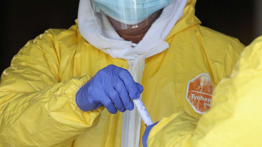 PHOTO: A close-up view of the test vial after health care workers gathered a sample from a drive-thru patient at the ProHEALTH Care coronavirus testing site, April 15, 2020, in New Hyde Park, New York.