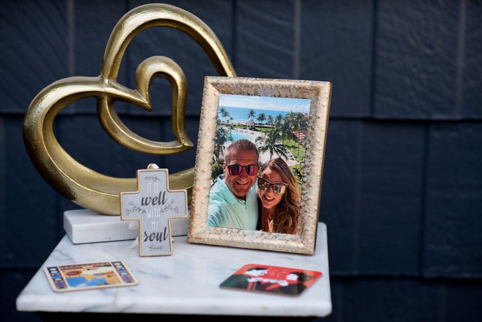 PHOTO: A framed pictured of Shane and Jessica Gray at Secrets Capri in Riviera Maya Cancun is displayed in their backyard on Friday, Nov. 20, 2020, in Battle Creek, Mich.
