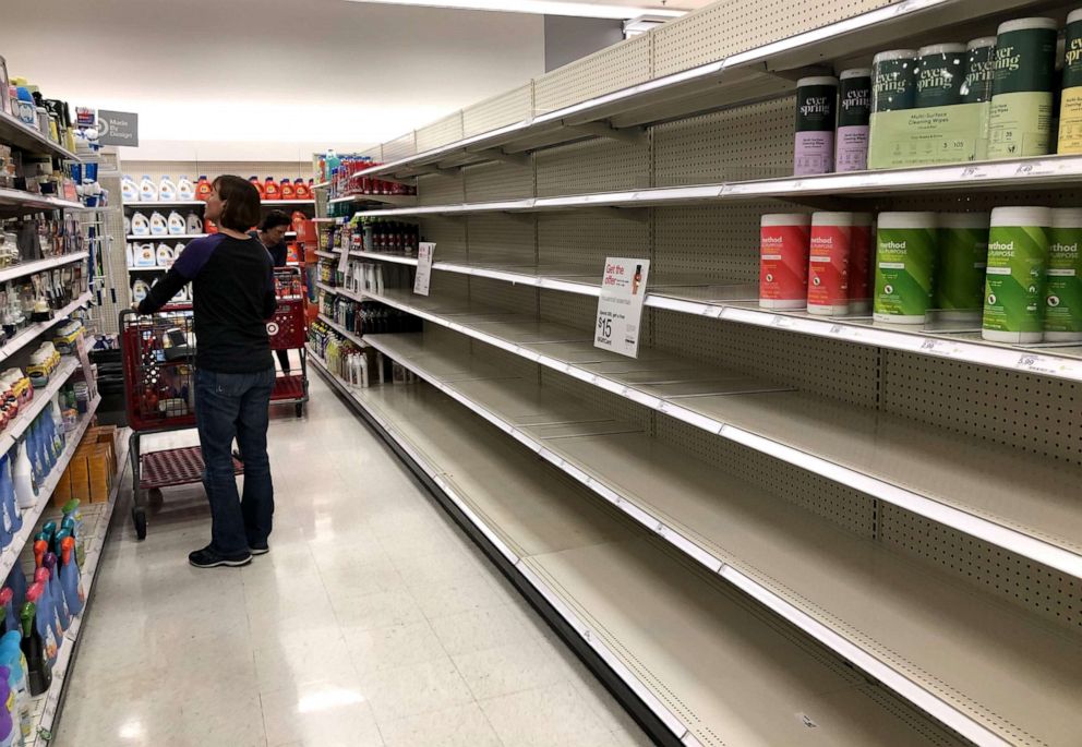PHOTO: Shelves where disinfectant wipes are usually displayed is nearly empty at a Target store on March 2, 2020, in Novato, Calif. As fears of the coronavirus spread, people are emptying the shelves cleaning supplies, protective masks and bottled water.