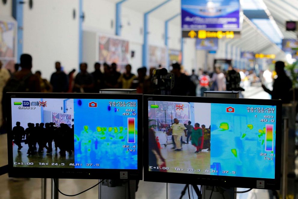PHOTO: A thermal scanner monitor screen shows the temperature of arriving passengers at Bandaranaike International Airport in Colombo, Sri Lanka, 24 Jan. 2020.