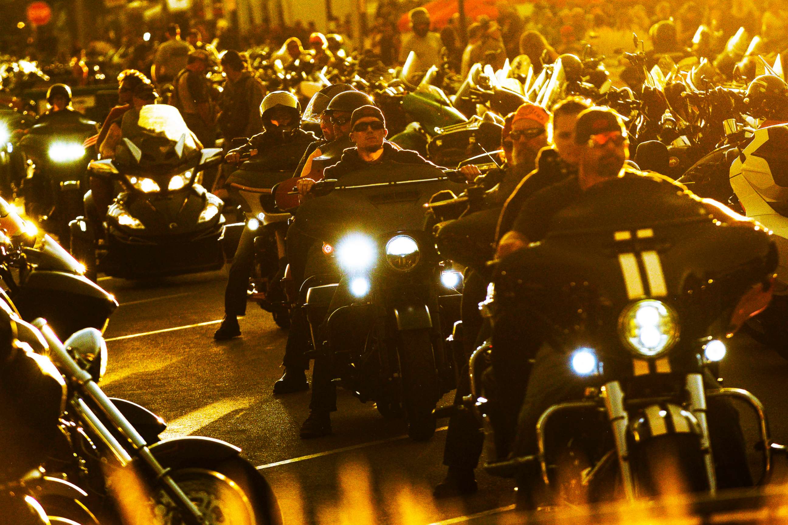 PHOTO:Motorcyclists ride down Main Street during the 80th Annual Sturgis Motorcycle Rally in Sturgis, S.D., Aug. 8, 2020.
