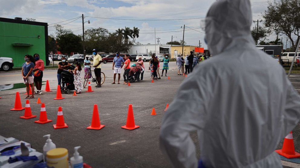 PHOTO: People line up to receive rapid COVID-19 tests on Feb. 17, 2021, in Immokalee, Fla.