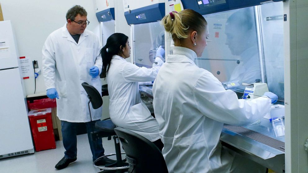 PHOTO: A researcher works in a lab that is developing testing for the COVID-19 coronavirus at Hackensack Meridian Health Center for Discovery and Innovation, Feb. 28, 2020, in Nutley, New Jersey.