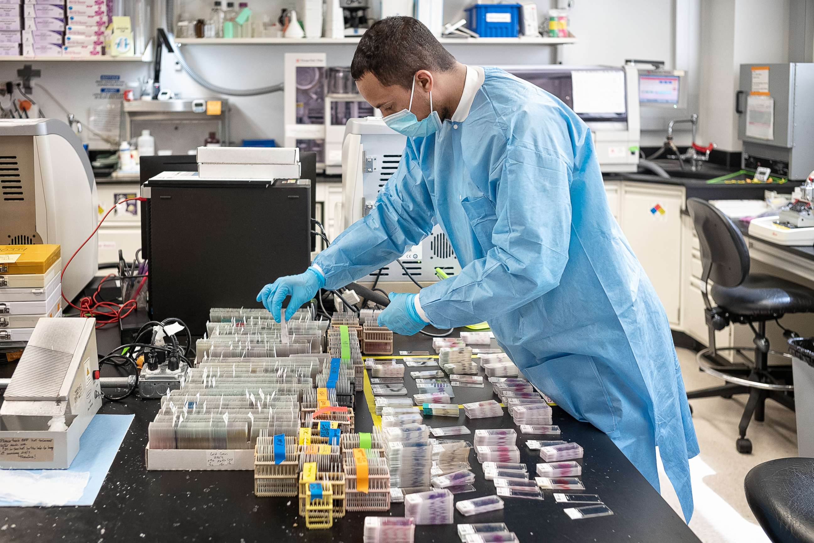 PHOTO: Histowiz lab scientists preparing to test COVID-19 samples from recovered patients on April 8, 2020 in Brooklyn, New York City. 