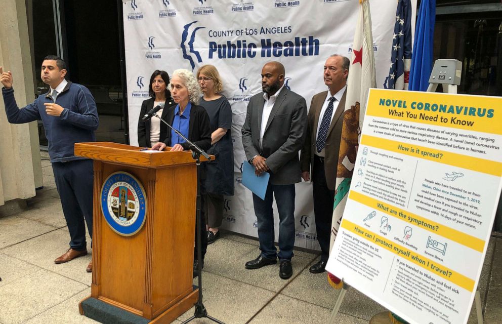 PHOTO: Dr. Sharon Balter, at podium with the Los Angeles County Department of Public Health officials, confirms a patient was taken to a hospital with Coronavirus symptoms at a news conference in Los Angeles, Jan. 26, 2020.