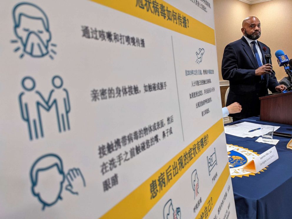 PHOTO: Dr. Muntu Davis of the Los Angeles County Health Office briefs the media on Coronavirus in San Gabriel, Calif., Friday, Jan. 31, 2020, as the outbreak reaches Southern California.