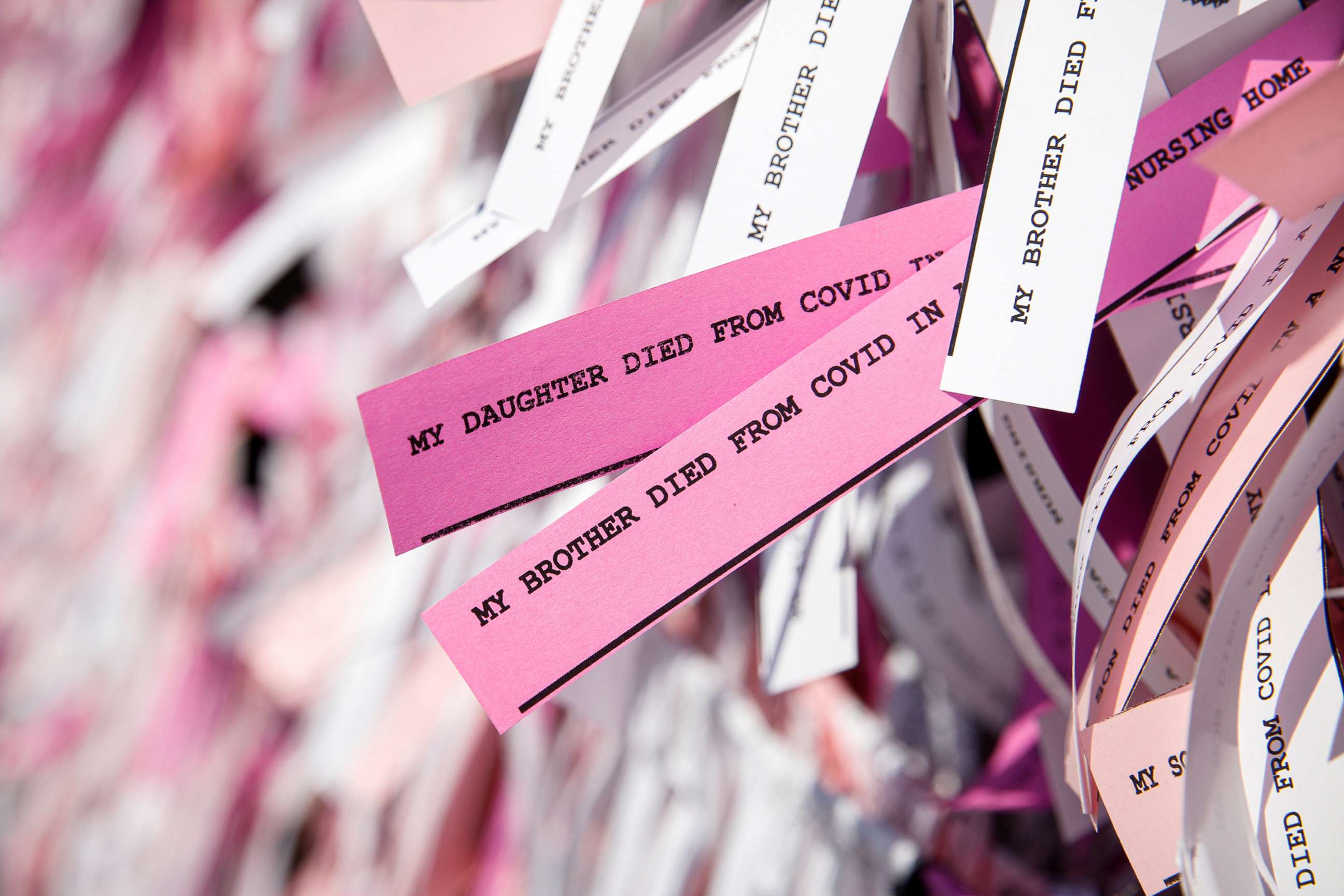 PHOTO: Messages are seen on ribbons as part of the "Naming the Lost Memorials," as the U.S. deaths from COVID-19 are expected to surpass 600,000, at The Green-Wood Cemetery in Brooklyn, N.Y., June 10, 2021. 