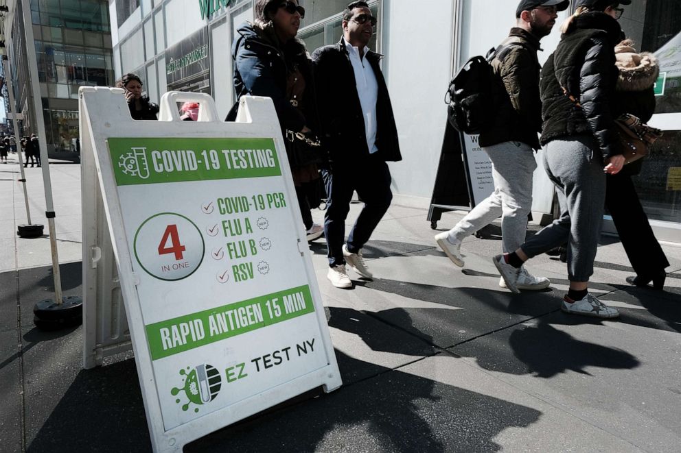 PHOTO: A sign for a COVID-19 testing tent, March 9, 2023, in New York.