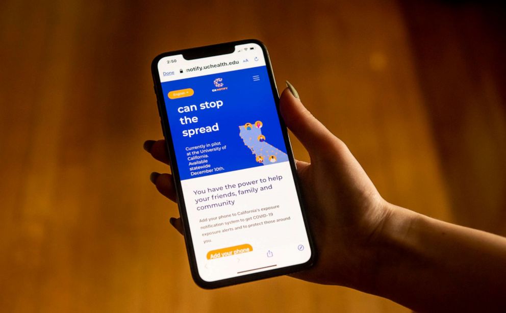 PHOTO: This Dec. 7, 2020, file photo taken in Santa Ana, Calif., shows the CA Notify app.