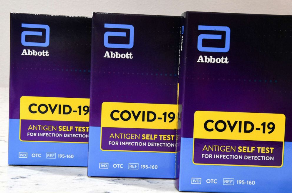 PHOTO: Abbott's at-home COVID-19 rapid test kits are seen on display in Orlando, Fla., Dec. 21, 2021.