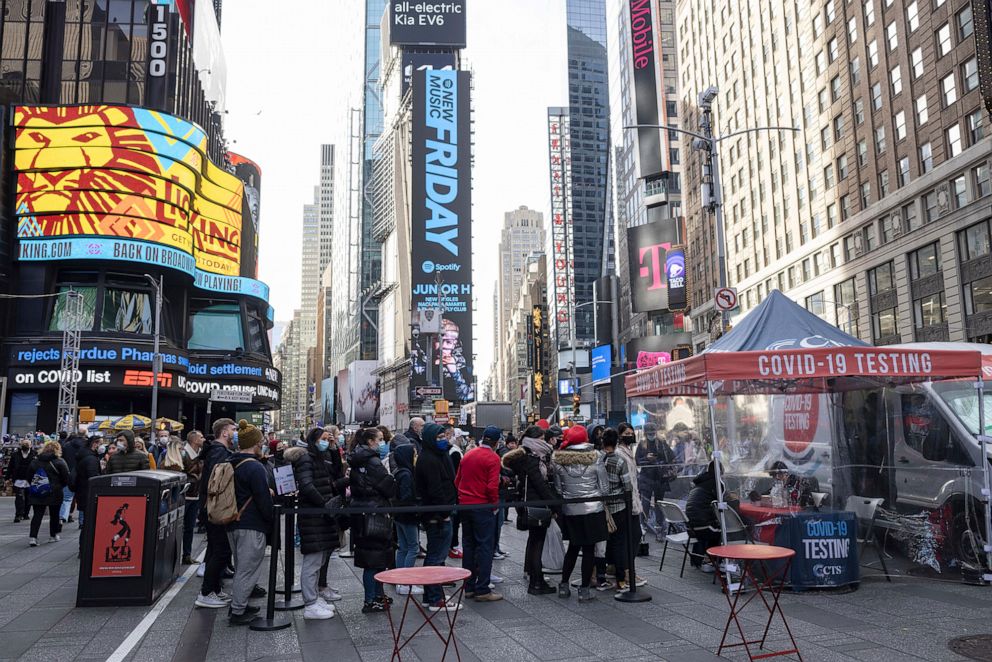 PHOTO: People wait in line to get tested for Covid-10 at a mobile testing site in Times Square in New York, Dec. 17, 2021.