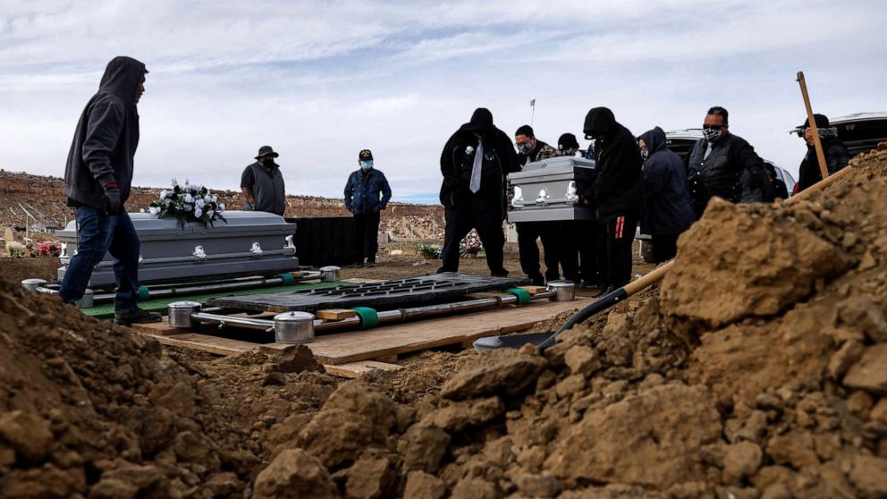 PHOTO: In this Dec. 16, 2021, file photo, pall bearers for two brothers who both died from complications of COVID-19, carry a casket to their family plot for burial on the Sanostee chapter of the Navajo nation in Sanostee, N.M.