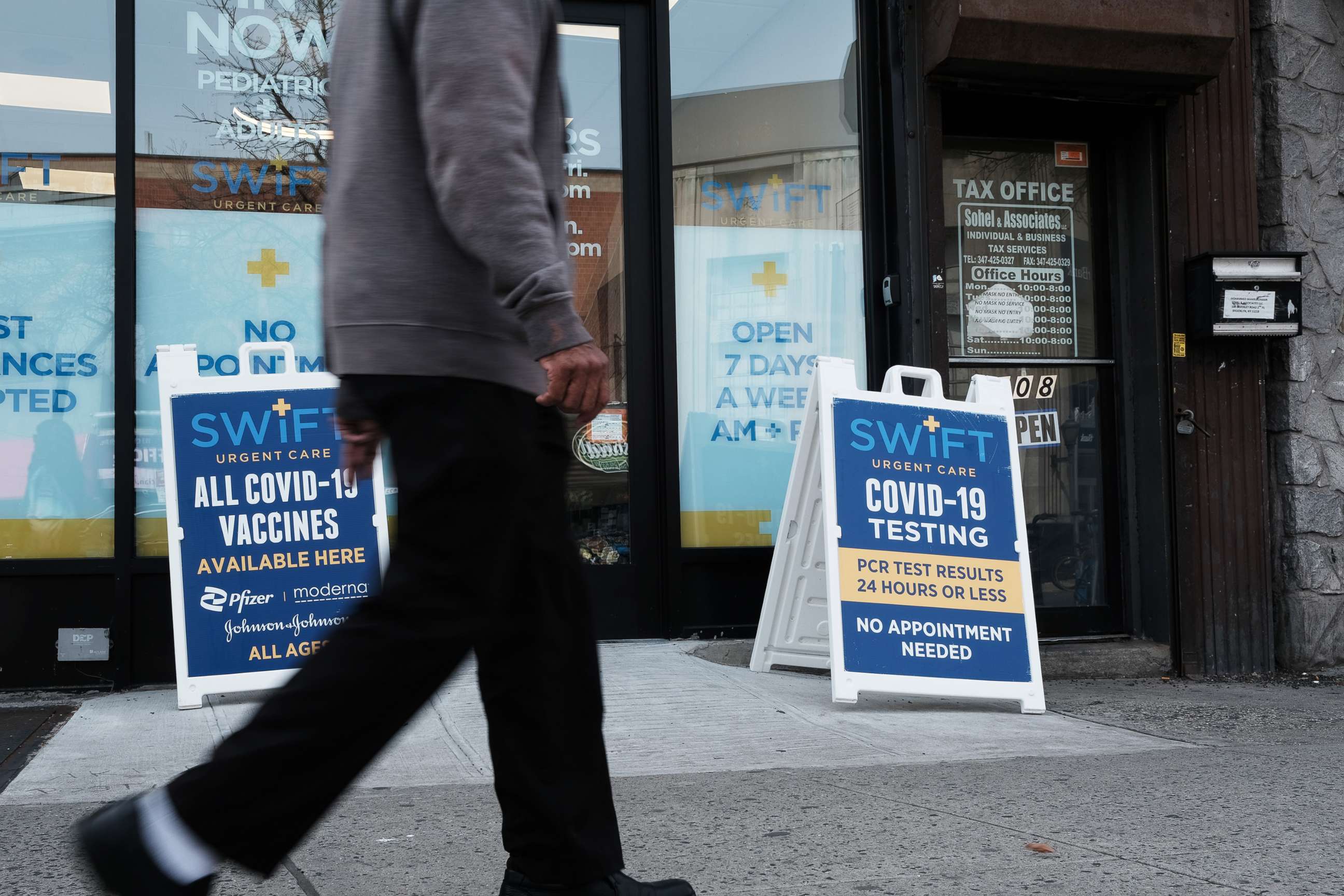 PHOTO: A COVID-19 testing and vaccination site is open on a Brooklyn street, April 18, 2022, in New York.