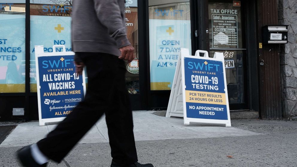 PHOTO: A COVID-19 testing and vaccination site is open on a Brooklyn street, April 18, 2022, in New York.