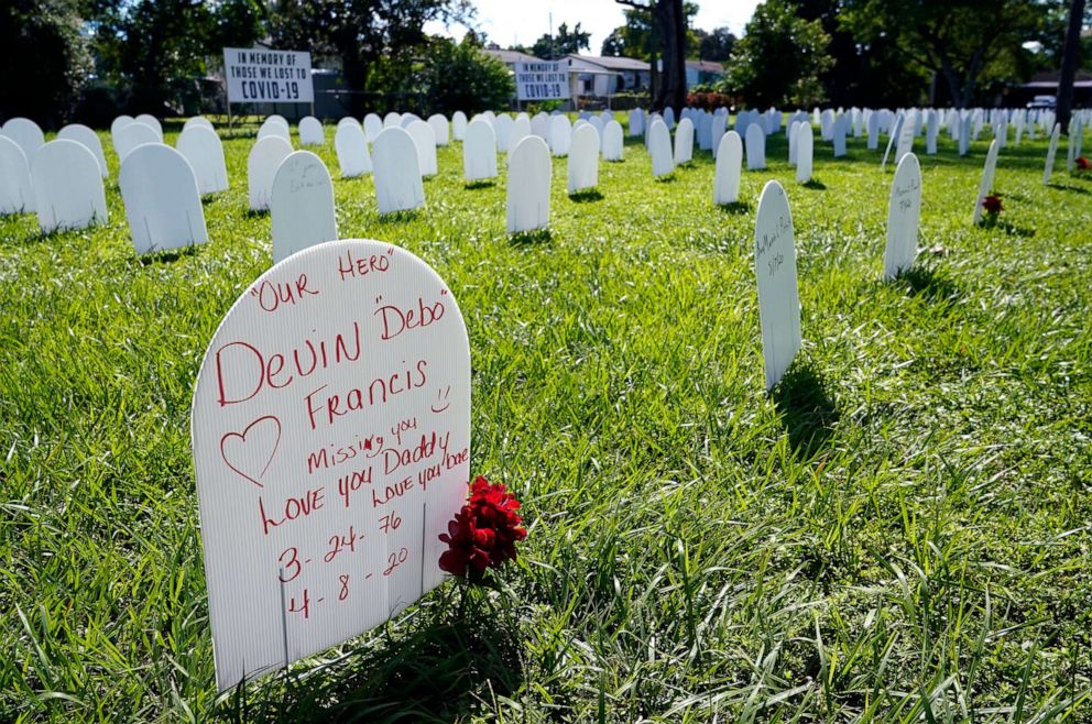 PHOTO: White plastic tombstone-shaped pieces are displayed as part of a temporary memorial to some of Miami's victims of the coronavirus at Simonhoff Floral Park, Oct. 14, 2020, in Miami.