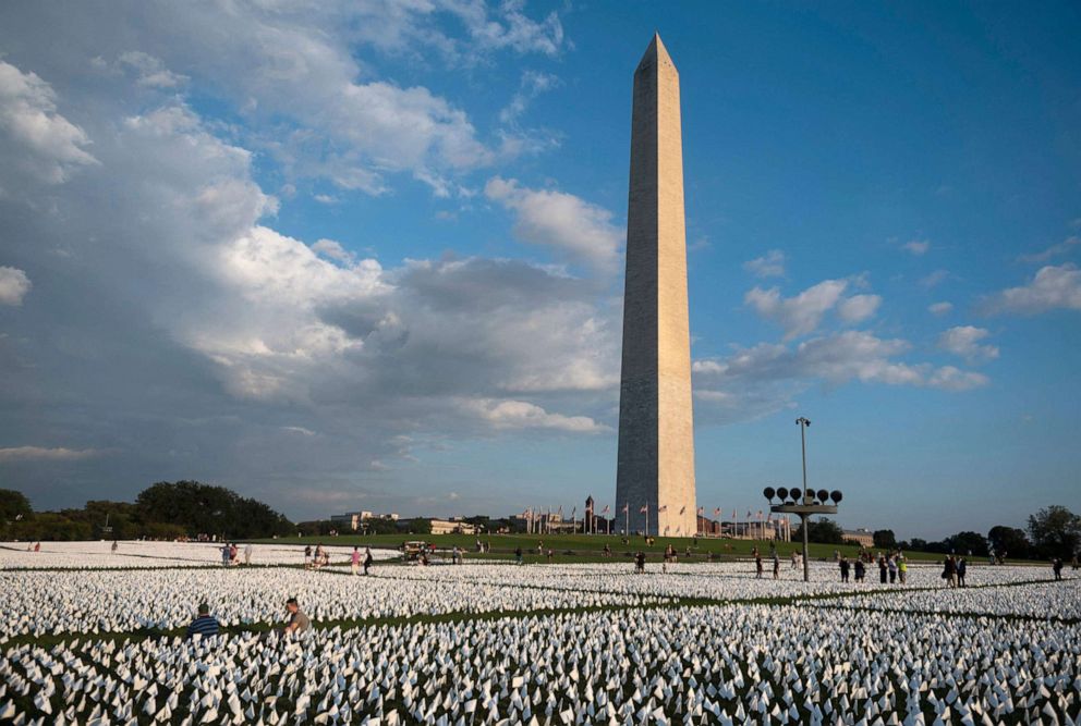PHOTO: White flags are seen on the National Mall near the Washington Monument in Washington, DC.