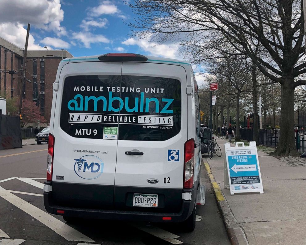 PHOTO: Ambulnz, mobile Covid 19 testing van is set up in Kissena Park, Flushing Queens, New York.