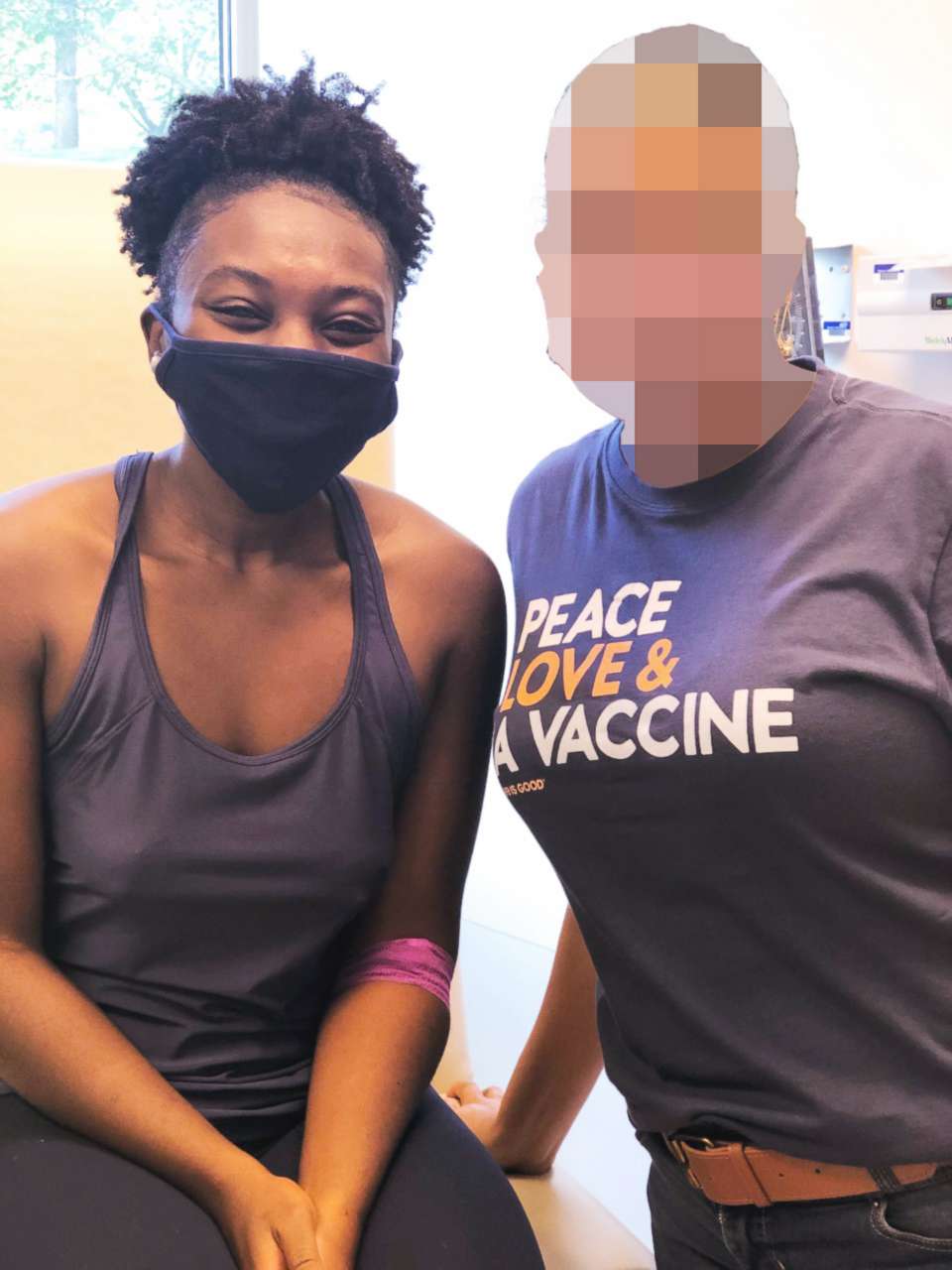 PHOTO: Sophia Upshaw, a volunteer in Moderna's COVID-19 vaccine trial, poses with a nurse in an undated photo.
Editor's note: We've altered the photo to protect the identity of the other person photographed with Sophia Upshaw.
