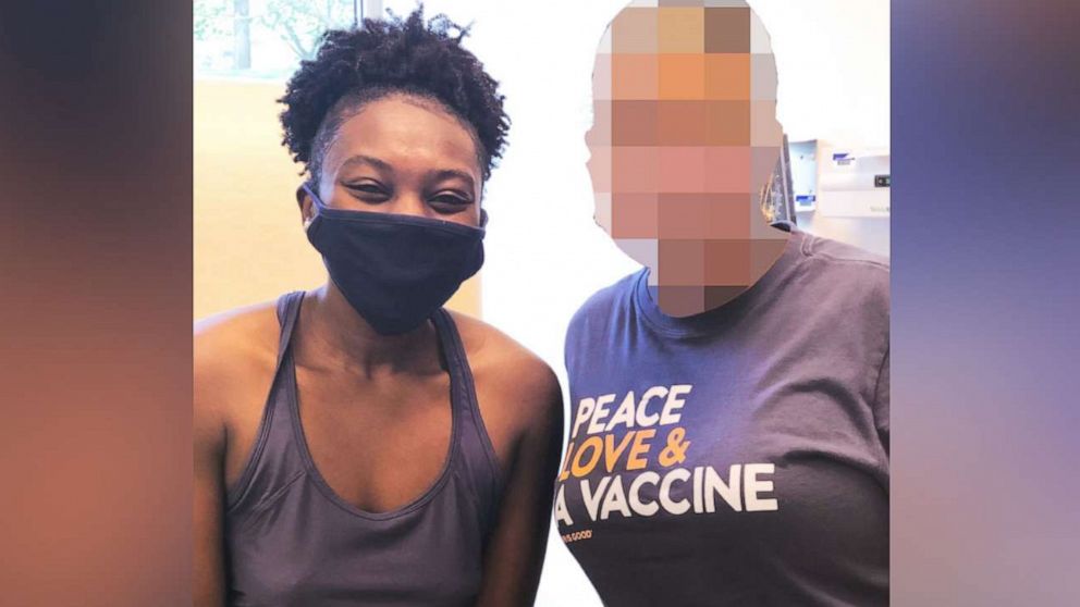 PHOTO: Sophia Upshaw, a volunteer in Moderna's COVID-19 vaccine trial, poses with a nurse in an undated photo.
Editor's note: We've altered the photo to protect the identity of the other person photographed with Sophia Upshaw.
