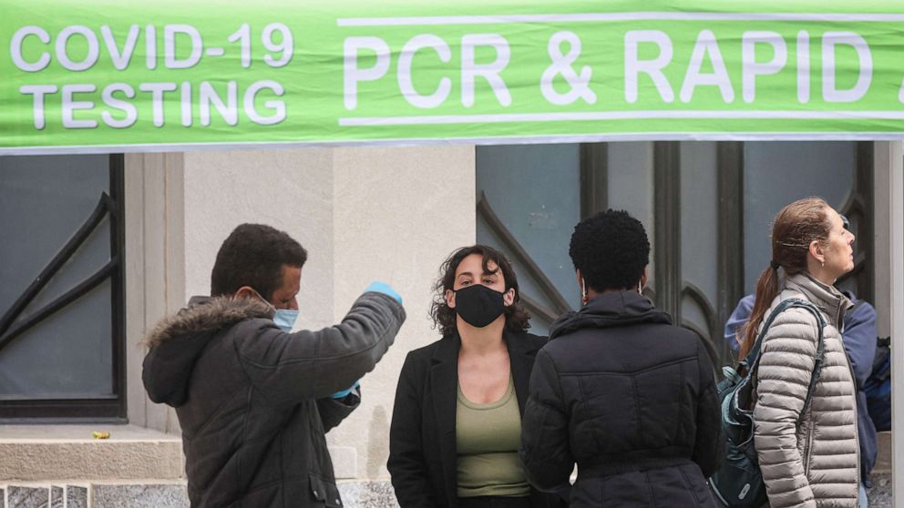 PHOTO: A woman takes a COVID-19 test at a pop-up testing site in New York City, May 3, 2022.