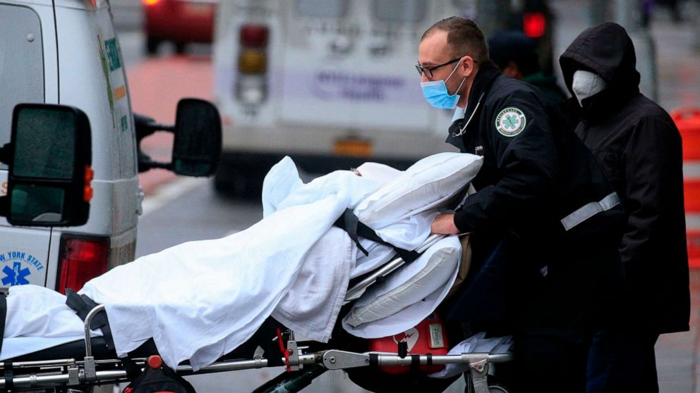 PHOTO: A patient is transported outside of Tisch Hospital in New York, Nov. 13, 2020.