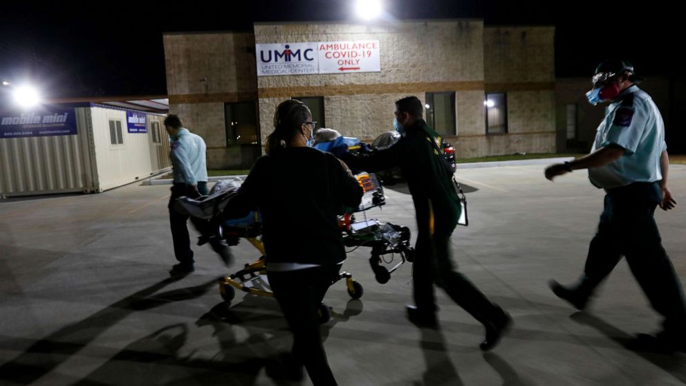 PHOTO: A Covid-19 patient from Louisiana is transported by helicopter at Houston's United Memorial Medical Center, Dec. 8, 2020, in Houston, Texas.