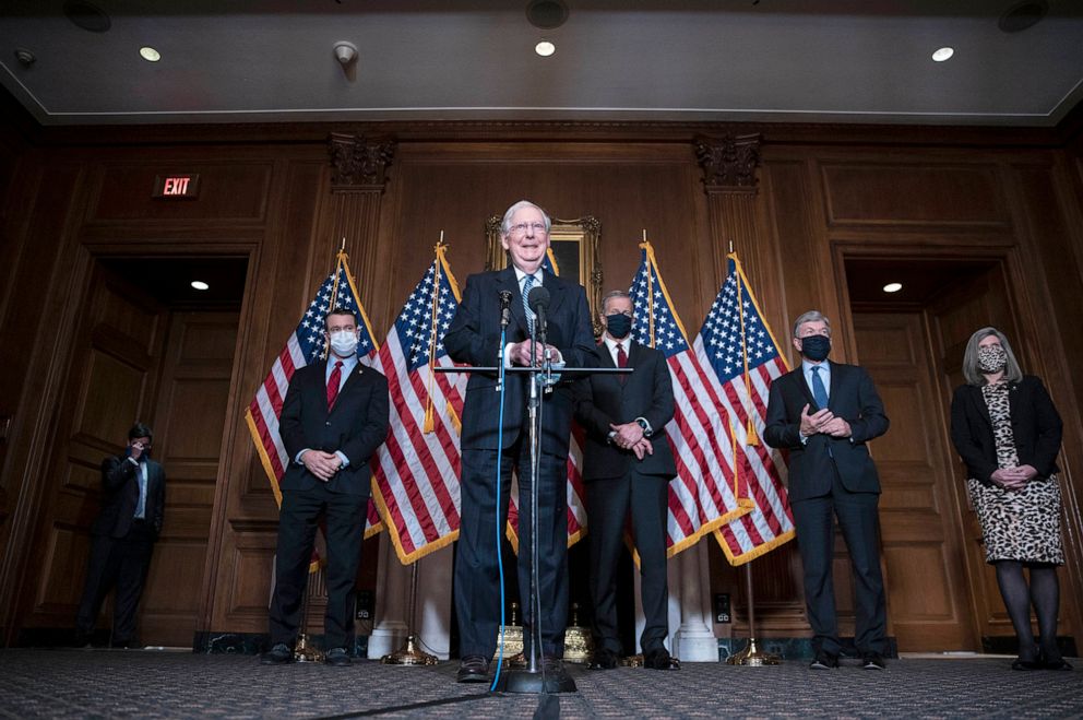 PHOTO: Senate Majority Leader Mitch McConnell speaks during a news conference following a weekly meeting with the Senate Republican caucus at the Capitol, Dec. 8, 2020. 