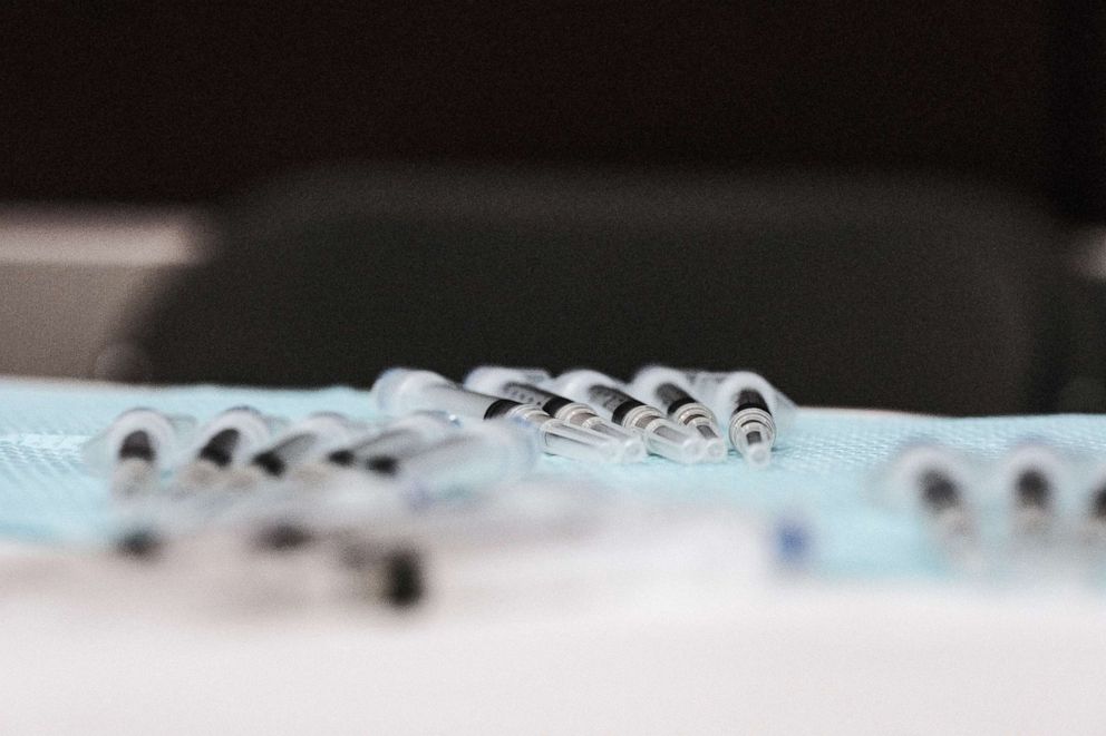 PHOTO: Doses of the Johnson and Johnson COVID-19 vaccine are prepared during a pop-up clinic in Detroit, April 12, 2021.