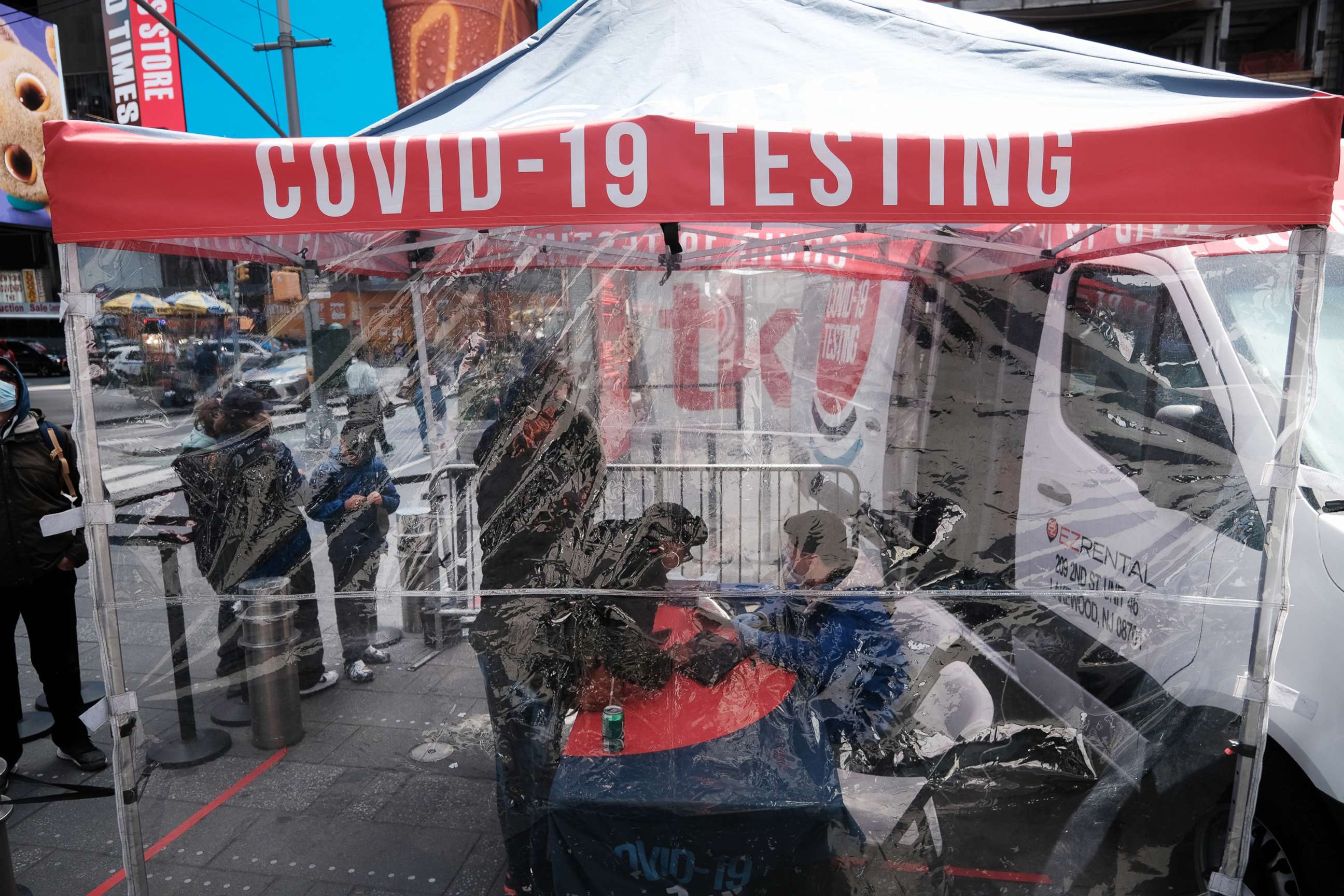 PHOTO: A Covid-19 testing tent stands in Times Square on April 27, 2022 in New York City.