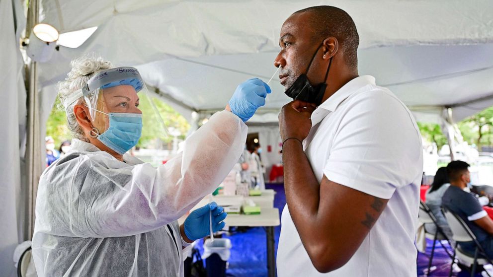 PHOTO: A person gets a rapid COVID-19 test during the 2021 Made In America Festival at Benjamin Franklin Parkway in Philadelphia, Sept. 5, 2021.