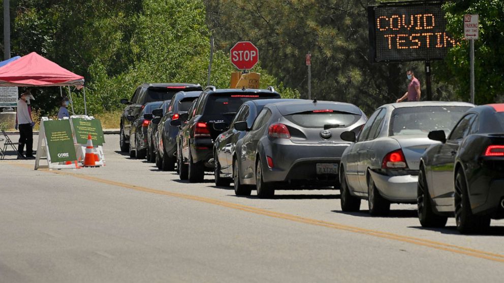 PHOTO: Cars line up for coronavirus testing at Hansen Dam Recreation Center, July 7, 2020, in Los Angeles.