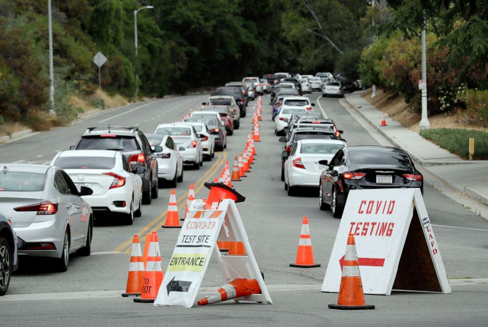 PHOTO: In this June 29, 2020, file photo, motorists line up at a coronavirus testing site at Dodger Stadium in Los Angeles.