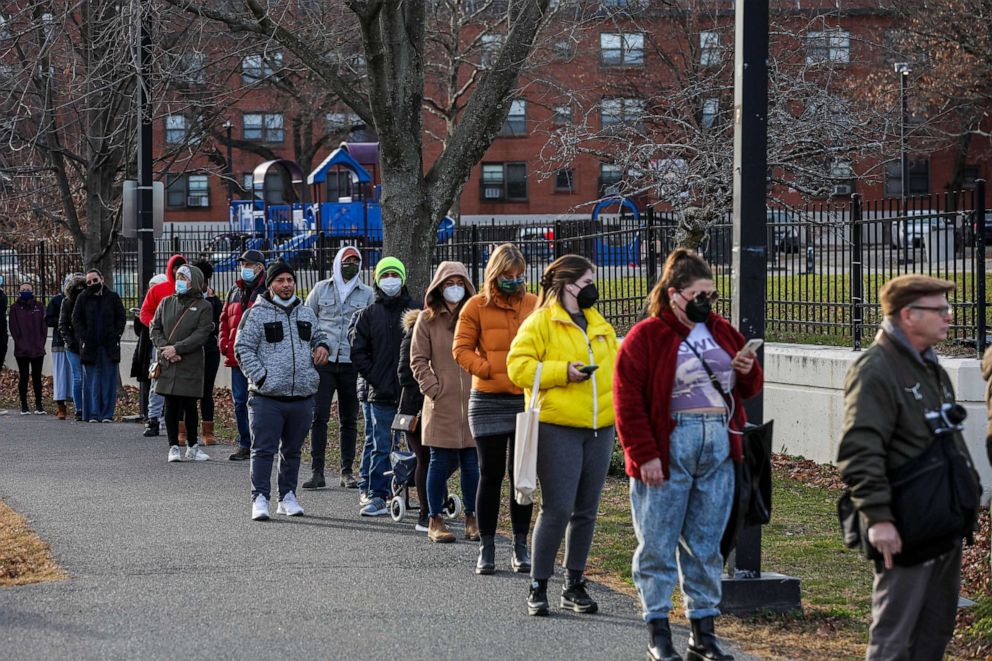 PHOTO: People line up to get tested for COVID-19 at Anna M. Cole Community Center in the Jamaica Plain neighborhood of Boston, Dec. 21, 2021.