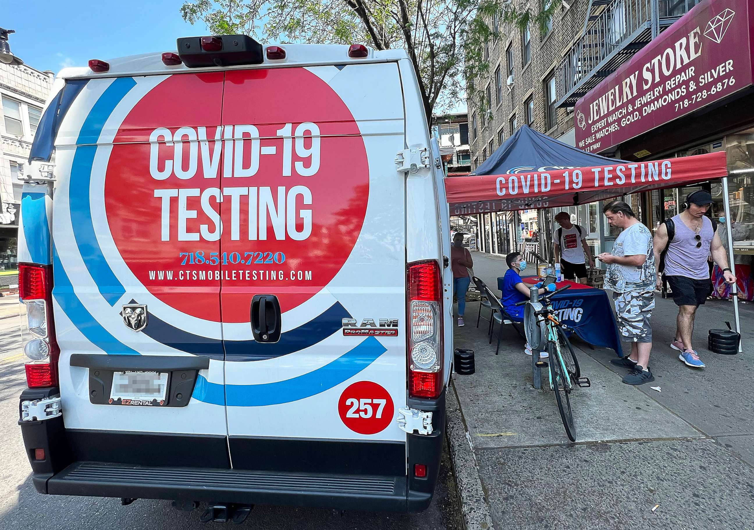 PHOTO: A mobile Covid-19 testing station is set up on a sidewalk in New York, on May 31, 2022.