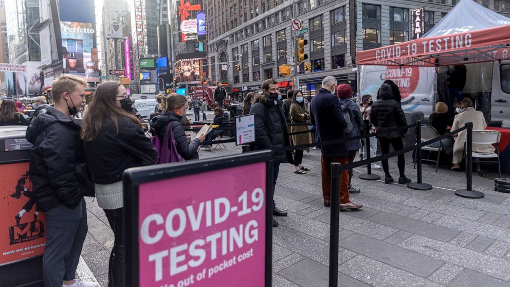 PHOTO: People queue for a COVID-19 test at a pop-up COVID-19 testing site in Times Square during the COVID-19 pandemic in New York, Dec. 16, 2021.