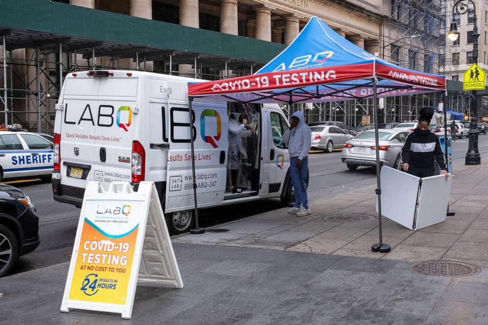 PHOTO: A person waits to be tested for COVID-19 at a mobile testing site in New York, on May 2, 2022.