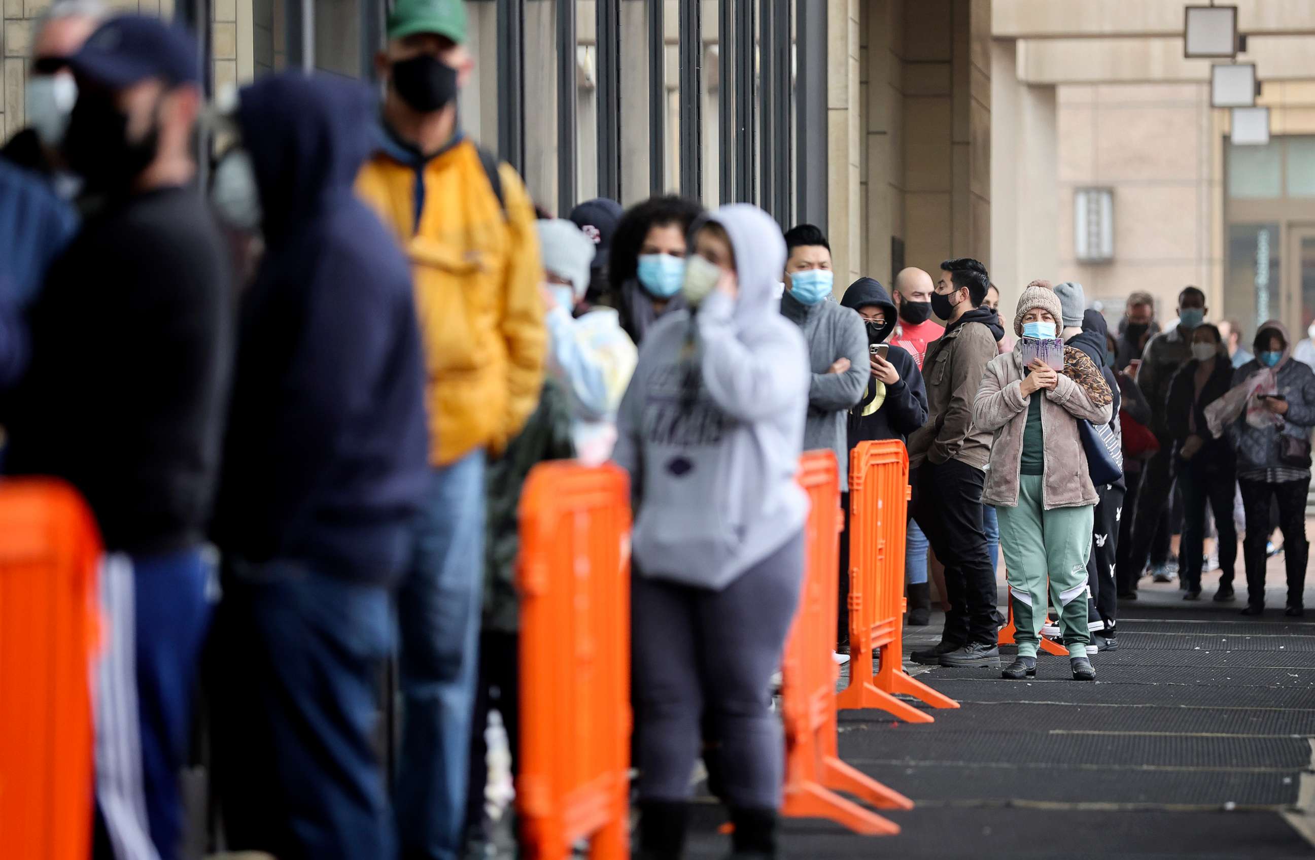 PHOTO: People wait in line to be tested for COVID-19 at Union Station in Los Angeles, Jan. 7, 2022, during the Omicron variant wave.