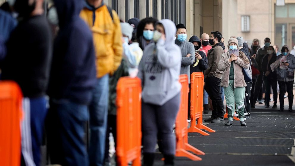 PHOTO: People wait in line to be tested for COVID-19 at Union Station in Los Angeles, Jan. 7, 2022, during the Omicron variant wave.