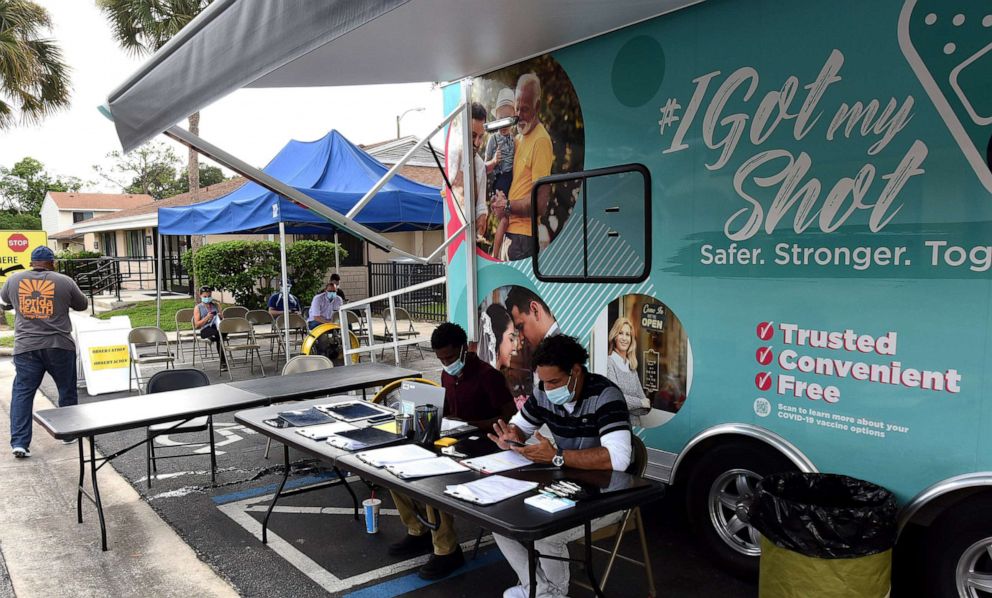 PHOTO: A lightly attended mobile COVID-19 vaccination site operated by the Orange County Health Department is seen at the Citrus Square Neighborhood Center on July 16, 2021, in Orlando, Fla.
