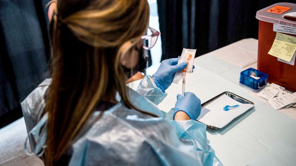 PHOTO: A health care worker prepares a vaccine to administer during a Covid-19 vaccination event in Miami, Aug. 5, 2021.